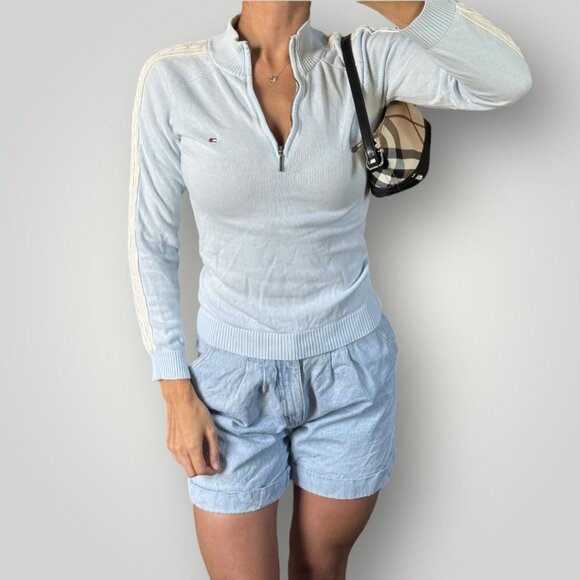 Tommy Hilfiger Womens Quarter Zip Knit Sweater Pullover Preppy Light Blue Small - Picture 1 of 8